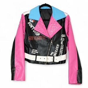 Vintage Neon Pink, Blue and Black Studded Punk Faux Leather Women's Jacket
